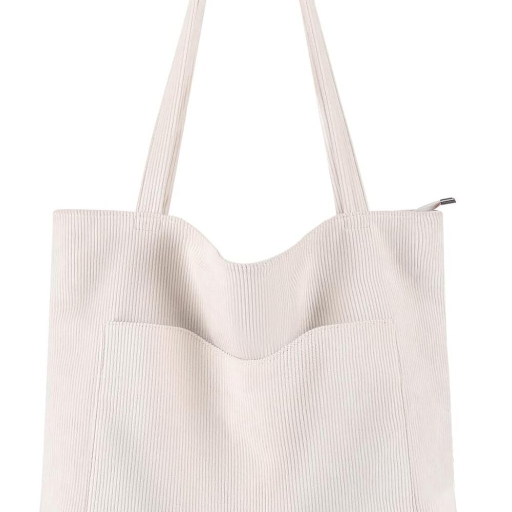 Corduroy Tote Bag for Women Large Shoulder Bag with Zipper and Pockets for Colle
